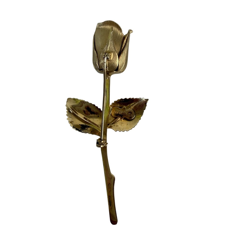 Giovanni Vintage Gold Tone Long Stem Rose Brooch Textured Floral Pin 3 Inch